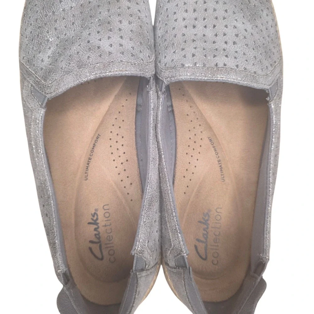 Clarks Womens Size 9 Metallic Silver Leather Slip On Espadrille Loafers